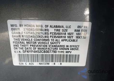 2012 Honda Pilot Ex-L from USA, damaged, VIN 5FNYF4H52CB007790